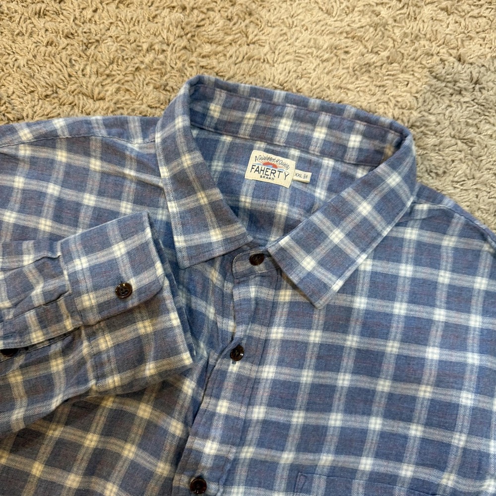 Faherty‎ Shirt Mens 2XL Blue Plaid Flannel Long Sleeve Button Up Casual